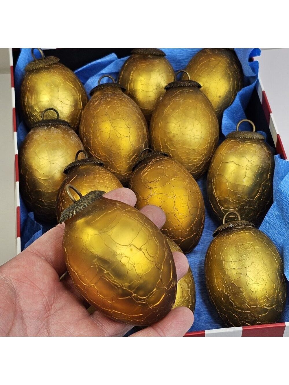 Vintage Crackle Glass Heavy Thick Egg Shaped Gold Color Christmas Ornament 13pcs